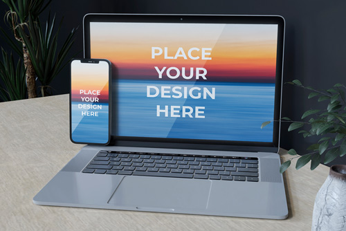 موکاپ PSD لپ تاپ مکبوک به همراه آیفون بصورت لایه باز 